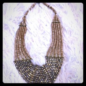 Wood, Gold, and Silver Embellished Necklace